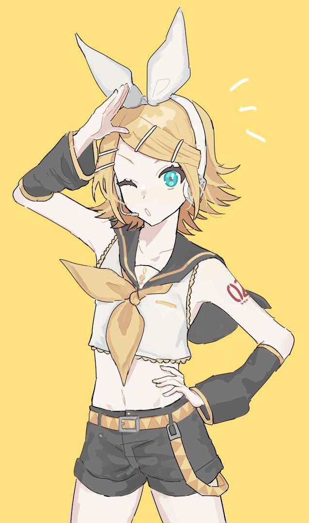 0211nami 1girl ascot belt black_shorts black_sleeves blonde_hair blue_eyes bow cowboy_shot detached_sleeves hair_bow headset kagamine_rin motion_lines navel one_eye_closed pout shorts simple_background solo treble_clef vocaloid white_bow yellow_ascot yellow_background yellow_belt