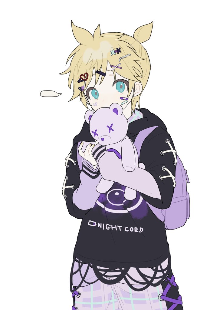 0211nami 1boy backpack bag bandaid bandaid_on_cheek bandaid_on_face black_hoodie blank_speech_bubble blonde_hair blue_eyes cowboy_shot holding holding_stuffed_toy hood hoodie kagamine_len looking_at_viewer male_focus multiple_hairpins purple_bag short_hair simple_background solo speech_bubble stuffed_animal stuffed_toy teddy_bear vocaloid white_background x_x