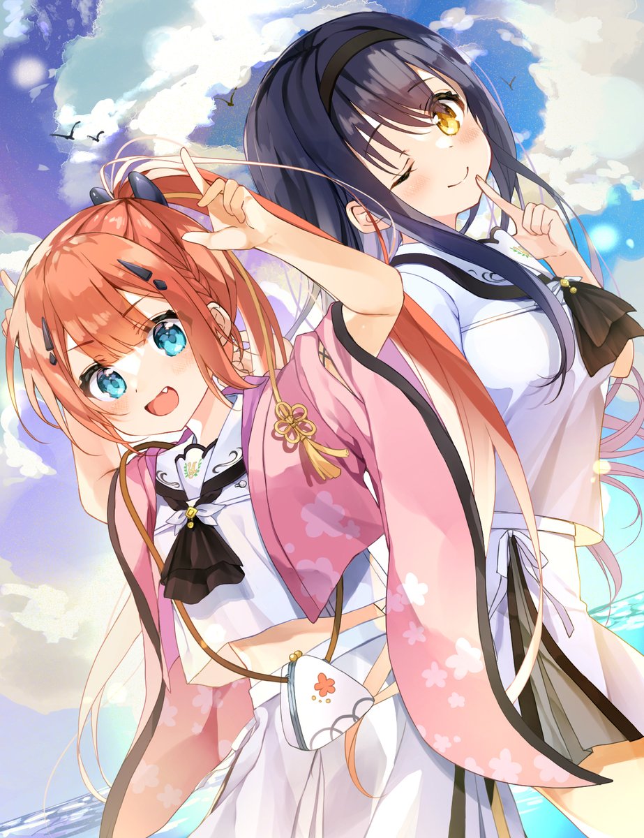 2girls :d aqua_eyes arms_up ascot bird black_ascot black_hair blue_sky blunt_bangs blush braid breasts cherry_blossom_print closed_mouth clouds commentary_request cowboy_shot day dutch_angle eyelashes eyes_visible_through_hair fang floating_hair floral_print hair_between_eyes hair_ornament hairclip highres horns_pose index_finger_raised index_fingers_raised japanese_clothes kamiyama_shiki kimono kushima_kamome large_breasts long_hair long_sleeves looking_at_viewer miniskirt multiple_girls ocean open_mouth outdoors pink_kimono ponytail redhead sailor_collar school_uniform seagull second-party_source shirt side_braid sidelocks skirt sky small_breasts smile standing straight_hair summer_pockets very_long_hair white_sailor_collar white_shirt white_skirt wide_sleeves yellow_eyes yushima