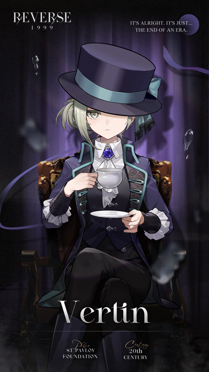 1girl crossed_legs cup english_commentary english_text expressionless grey_eyes grey_hair hat highres holding holding_cup holding_saucer looking_at_viewer official_art on_chair purple_headwear reverse:1999 ribbon saucer sitting solo suit teacup top_hat vertin_(reverse:1999)
