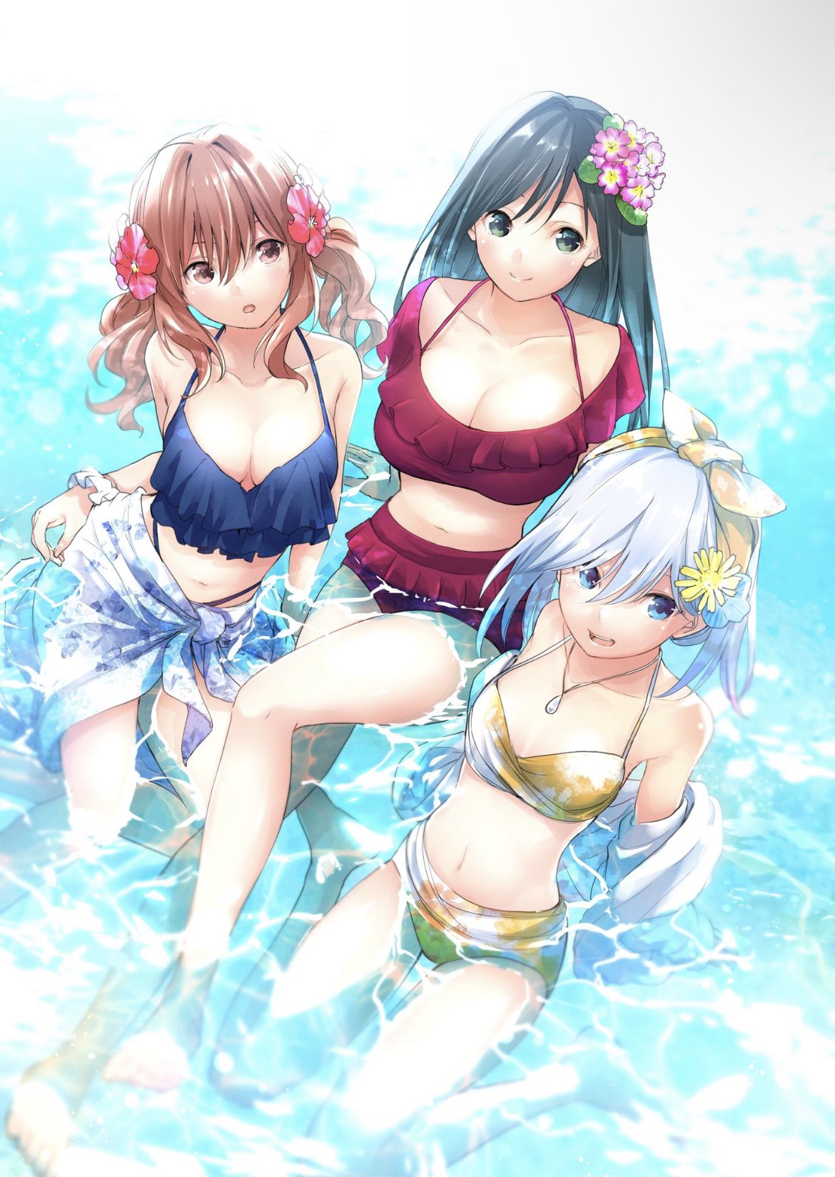 3girls amagami-san_chi_no_enmusubi amagami_asahi amagami_yae amagami_yuna artist_request bikini blue_eyes breasts brown_eyes flower green_eyes hair_flower hair_ornament highres jewelry large_breasts long_hair looking_at_viewer medium_breasts multiple_girls necklace ocean official_art open_mouth short_hair smile swimsuit twintails water