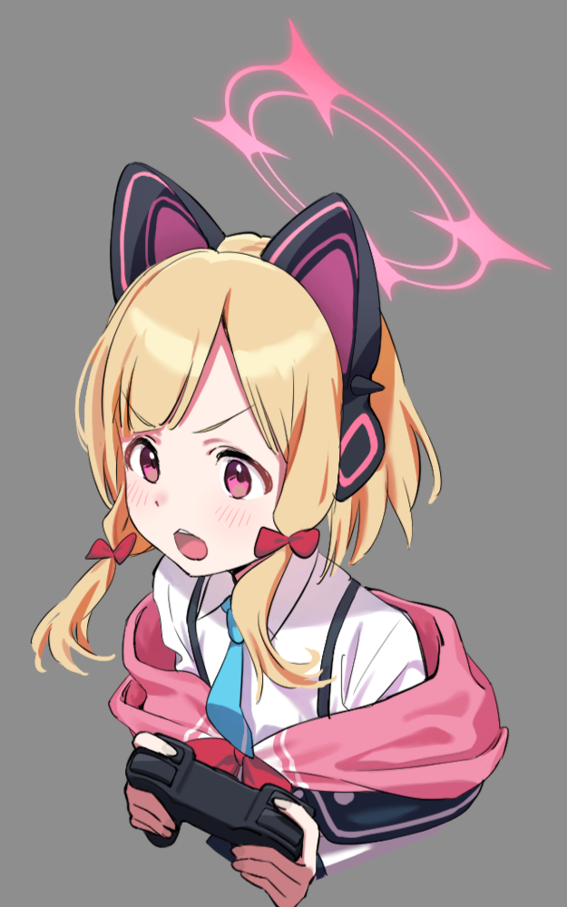 1girl animal_ear_headphones animal_ears blonde_hair blue_archive blush bow cat_ear_headphones collared_shirt commentary_request controller cropped_torso fake_animal_ears game_controller grey_background hair_bow halo headphones holding holding_controller holding_game_controller momoi_(blue_archive) off_shoulder open_mouth pink_eyes red_bow sanzoku shirt simple_background solo white_shirt