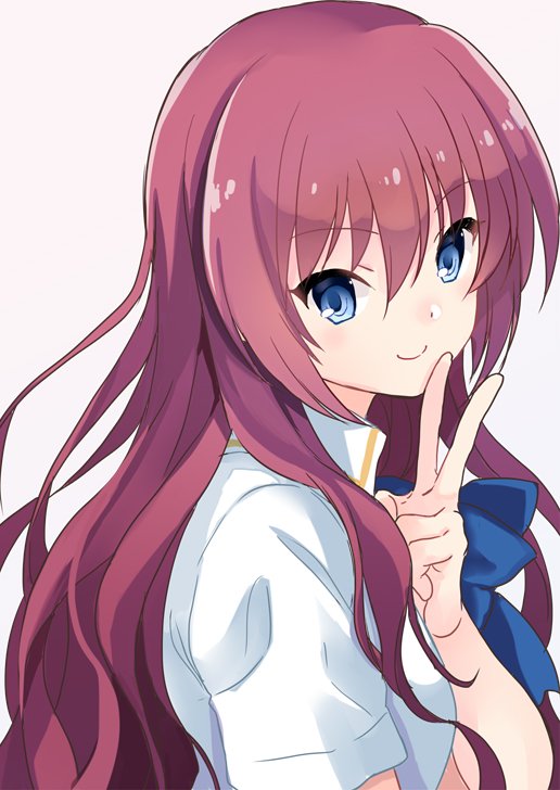 1girl a-chan_senpai asami_yuriko blue_eyes blue_ribbon closed_mouth commentary_request eyelashes eyes_visible_through_hair from_side hair_between_eyes hand_up little_busters! long_hair looking_at_viewer redhead ribbon shirt short_sleeves simple_background smile solo upper_body v very_long_hair wavy_hair white_background white_shirt