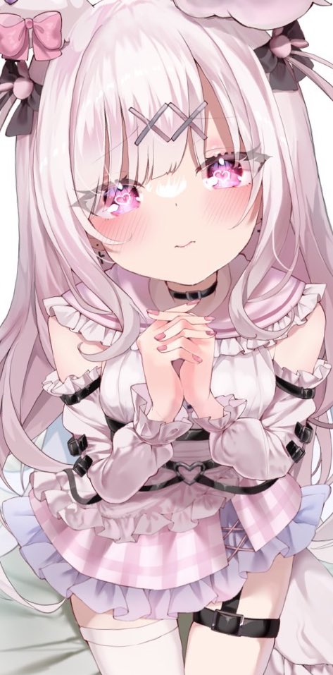 1girl animal_ears black_bow black_choker blush bow choker closed_mouth commentary cowboy_shot detached_sleeves eureka_814 fake_animal_ears frilled_sailor_collar frills hair_bow hair_ornament hands_up heart heart-shaped_pupils indie_virtual_youtuber interlocked_fingers long_hair long_sleeves looking_at_viewer nail_polish own_hands_clasped own_hands_together pink_bow pink_eyes pink_nails pink_sailor_collar pink_shirt pink_skirt puffy_long_sleeves puffy_sleeves rabbit_ears sailor_collar shirt single_thighhigh sitting skirt solo swept_bangs symbol-only_commentary symbol-shaped_pupils thigh-highs thigh_strap usatama_amyu very_long_hair virtual_youtuber white_shirt white_thighhighs x_hair_ornament