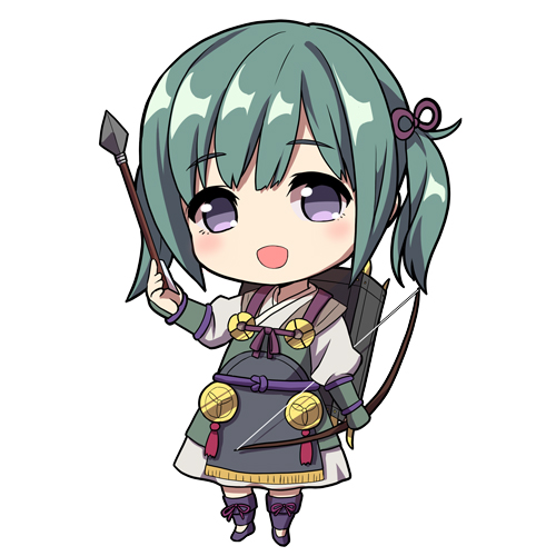 arrow_(projectile) bow_(weapon) chibi fire_emblem fire_emblem_fates full_body green_hair holding holding_arrow holding_bow_(weapon) holding_weapon japanese_clothes kumehara_chiyota lowres midori_(fire_emblem) open_mouth twintails violet_eyes weapon