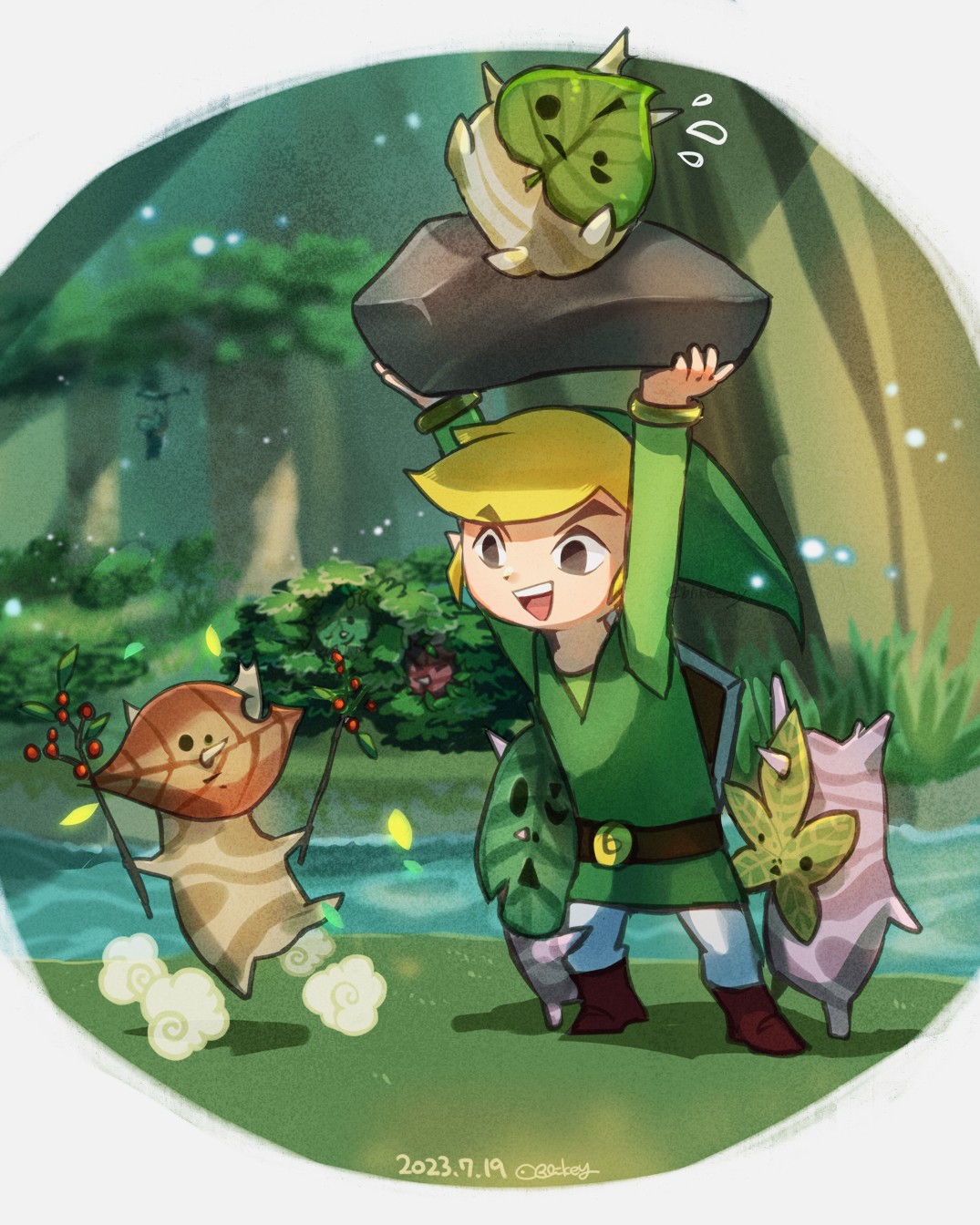 1boy :d arms_up artist_name blikeeeey blonde_hair blurry blurry_background brown_footwear bush dated flying_sweatdrops forest green_headwear happy highres korok link male_focus nature outdoors pants river rock smile teeth the_legend_of_zelda the_legend_of_zelda:_breath_of_the_wild the_legend_of_zelda:_the_wind_waker tree upper_teeth_only water white_pants