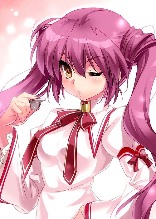 1girl alternate_hairstyle blush breasts commentary_request company_connection cosplay dress eyelashes frilled_sleeves frills futaki_kanata hair_between_eyes hand_on_own_hip hand_up holding holding_whistle juliet_sleeves kazamatsuri_institute_high_school_uniform key_(company) little_busters! long_hair long_sleeves looking_at_viewer medium_breasts nakatsu_shizuru nakatsu_shizuru_(cosplay) one_eye_closed parted_lips pink_dress puffy_sleeves purple_hair red_ribbon rewrite ribbon ribbon-trimmed_sleeves ribbon_trim school_uniform simple_background solo twintails_day upper_body very_long_hair whistle white_background wide_sleeves yellow_eyes zen_(kamuro)