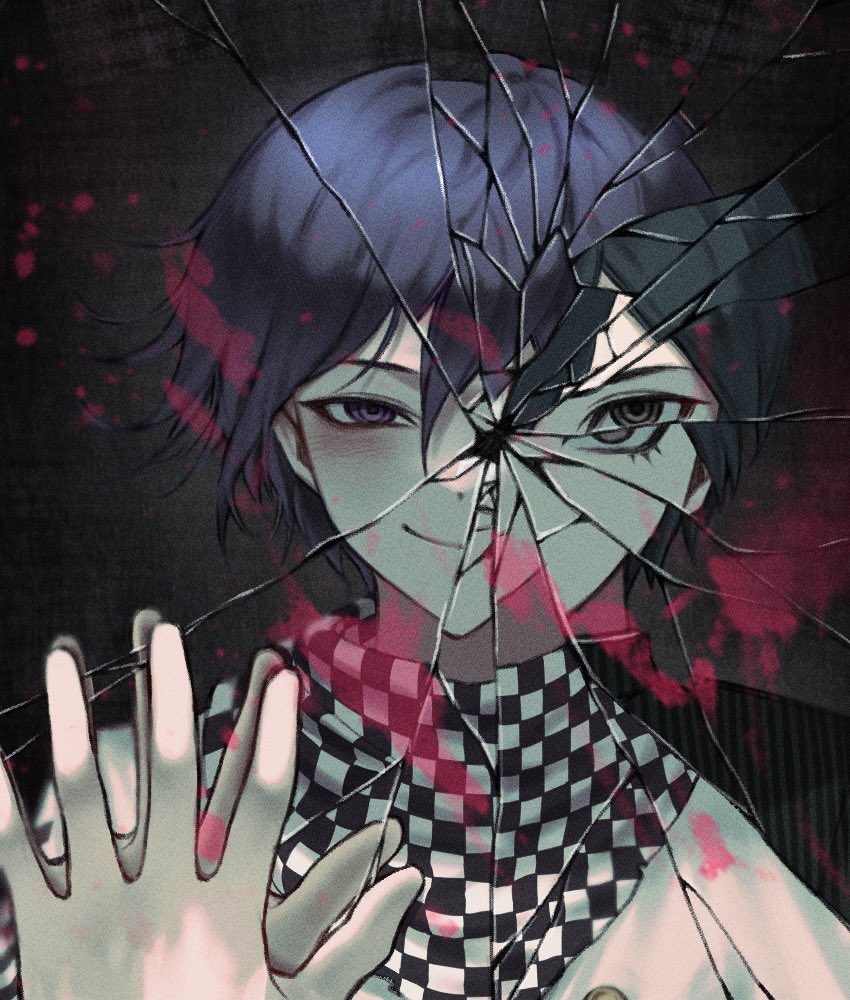 2boys black_background black_hair black_jacket blood broken_mirror brown_eyes buttons checkered_clothes checkered_scarf closed_mouth danganronpa_(series) danganronpa_v3:_killing_harmony evil_smile grey_background hand_on_mirror hand_up hwang_(h751073) jacket looking_at_viewer male_focus mirror multiple_boys oma_kokichi pink_blood portrait purple_hair saihara_shuichi scarf smile striped striped_jacket violet_eyes white_jacket