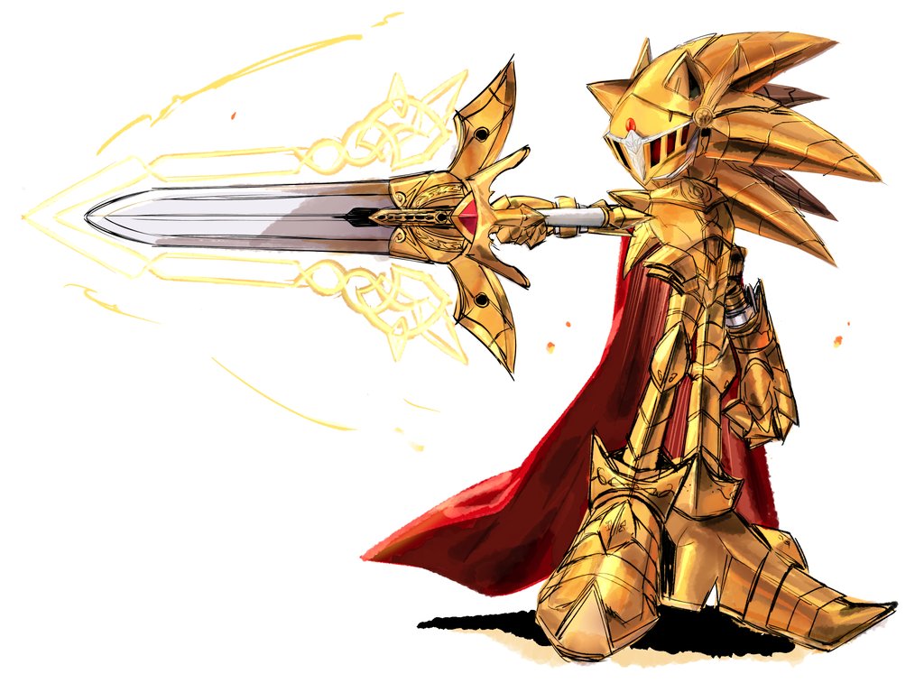 1boy arm_at_side arm_up armor armored_boots boots breastplate cape commentary english_commentary excalibur_(sonic) excalibur_sonic full_armor full_body furry furry_male gauntlets gloves gold_armor helmet holding holding_sword holding_weapon leg_armor looking_to_the_side magic male_focus outstretched_arm pointy_footwear red_cape simple_background sketch solo sonic_(series) sonic_and_the_black_knight sonic_the_hedgehog standing sword usa37107692 weapon white_background yellow_footwear yellow_gloves yellow_headwear