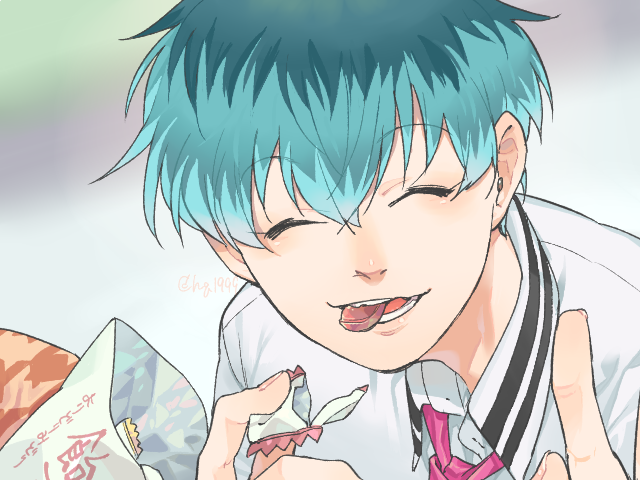 bag blurry blurry_background candy candy_wrapper closed_eyes collared_shirt eating food green_hair hair_between_eyes holding holding_food hypnosis_mic male_focus mouth_hold necktie nurude_sasara plastic_bag shirt short_hair smile tamago_toji teeth
