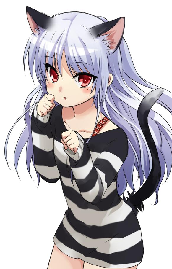 1girl alternate_costume angel_beats! animal_ears asami_yuriko blush casual cat_day cat_ears cat_girl cat_tail collarbone commentary_request cowboy_shot eyelashes eyes_visible_through_hair hair_between_eyes hands_up long_hair looking_at_viewer off_shoulder parted_bangs parted_lips paw_pose red_eyes shirt simple_background sleeves_past_wrists solo standing striped striped_shirt tachibana_kanade tail upturned_eyes very_long_hair white_background white_hair