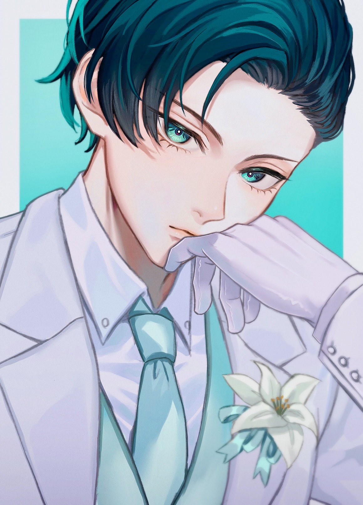 1boy blue_lock border closed_mouth collared_shirt commentary_request flower formal gloves green_eyes green_hair green_necktie grey_border hand_up highres itoshi_rin jacket kyul_gnsn lapels long_sleeves looking_at_viewer male_focus necktie notched_lapels outside_border shirt short_hair solo upper_body white_gloves white_jacket