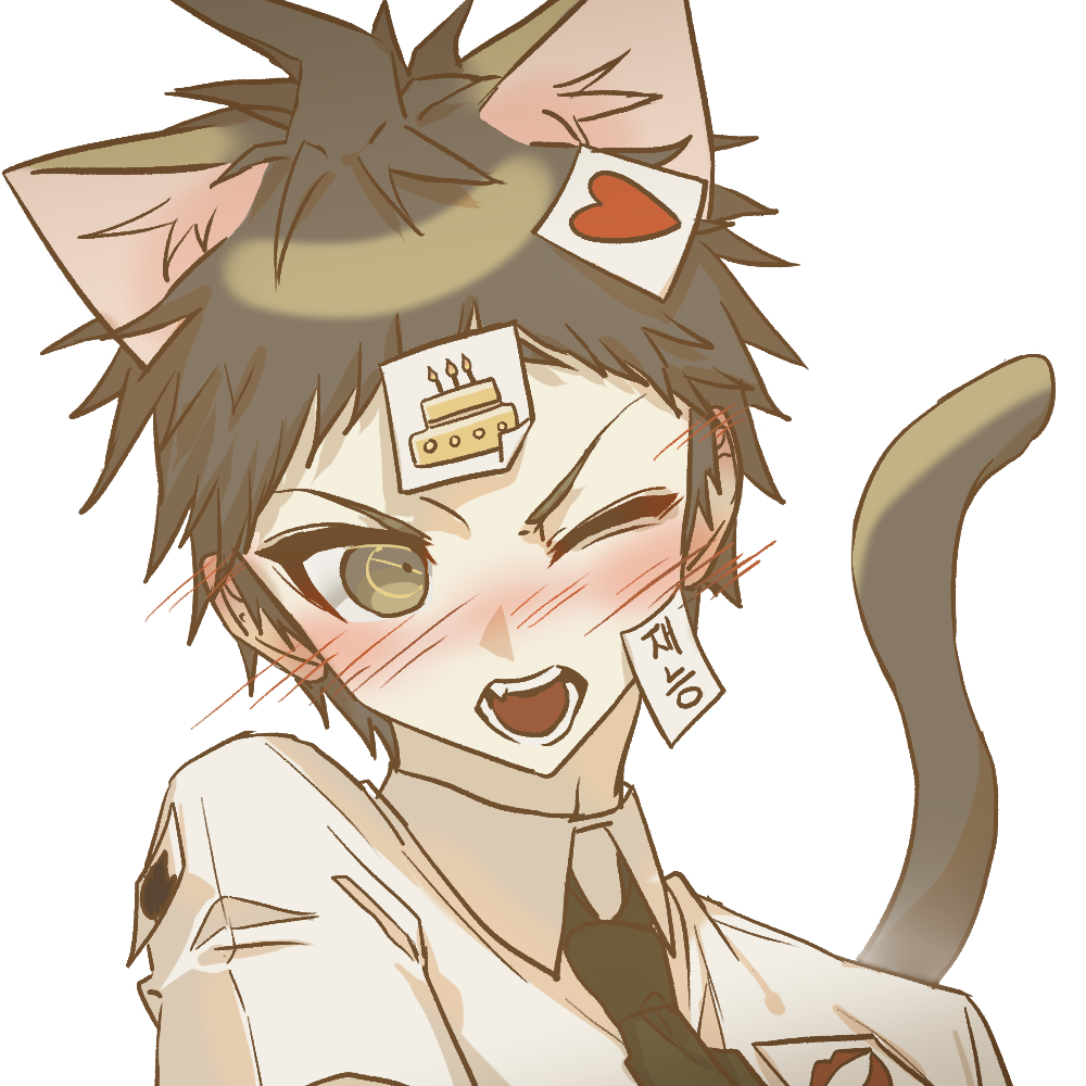 1boy animal_ears annoyed blush brown_hair cake_print cat_boy cat_ears cat_tail collared_shirt commentary_request danganronpa_(series) danganronpa_2:_goodbye_despair extra_ears fang heart hinata_hajime kemonomimi_mode korean_text male_focus necktie one_eye_closed open_mouth shirt short_hair simple_background solo tail translation_request white_background white_shirt yomu_(dangan_yomu)