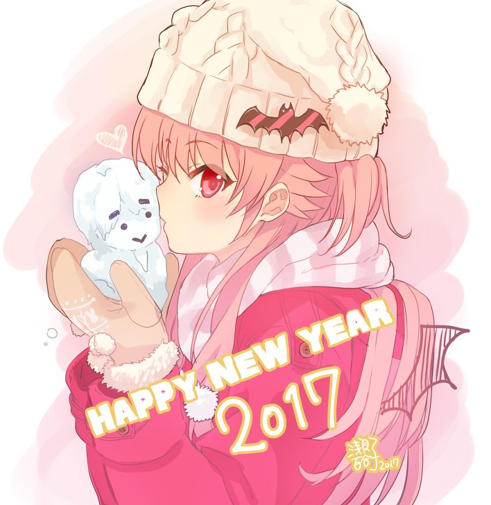 1girl 2017 angel_beats! asami_yuriko bat_ornament blush brown_gloves coat commentary_request dated enpera eyelashes eyes_visible_through_hair from_side gloves hair_between_eyes hair_ornament hands_up happy_new_year heart hinata_hideki holding_snowman kissing_object long_hair long_sleeves looking_at_viewer mittens one_eye_closed one_side_up pink_coat pink_hair pom_pom_(clothes) pom_pom_hair_ornament profile red_eyes scarf sidelocks sideways_glance signature simple_background solo striped striped_scarf very_long_hair white_background white_headwear winter winter_clothes winter_hat yui_(angel_beats!)