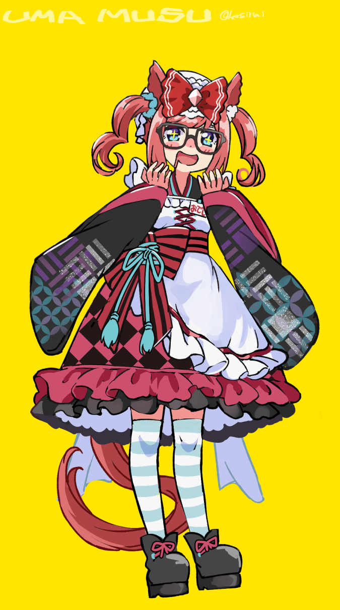 +_+ agnes_digital_(umamusume) alternate_costume animal_ears bespectacled blush bow enmaided full_body glasses hair_bow hair_ornament highres horse_ears horse_girl horse_tail kingin long_sleeves looking_at_viewer maid medium_hair open_mouth ribbon saliva shoes simple_background standing tail thigh-highs umamusume