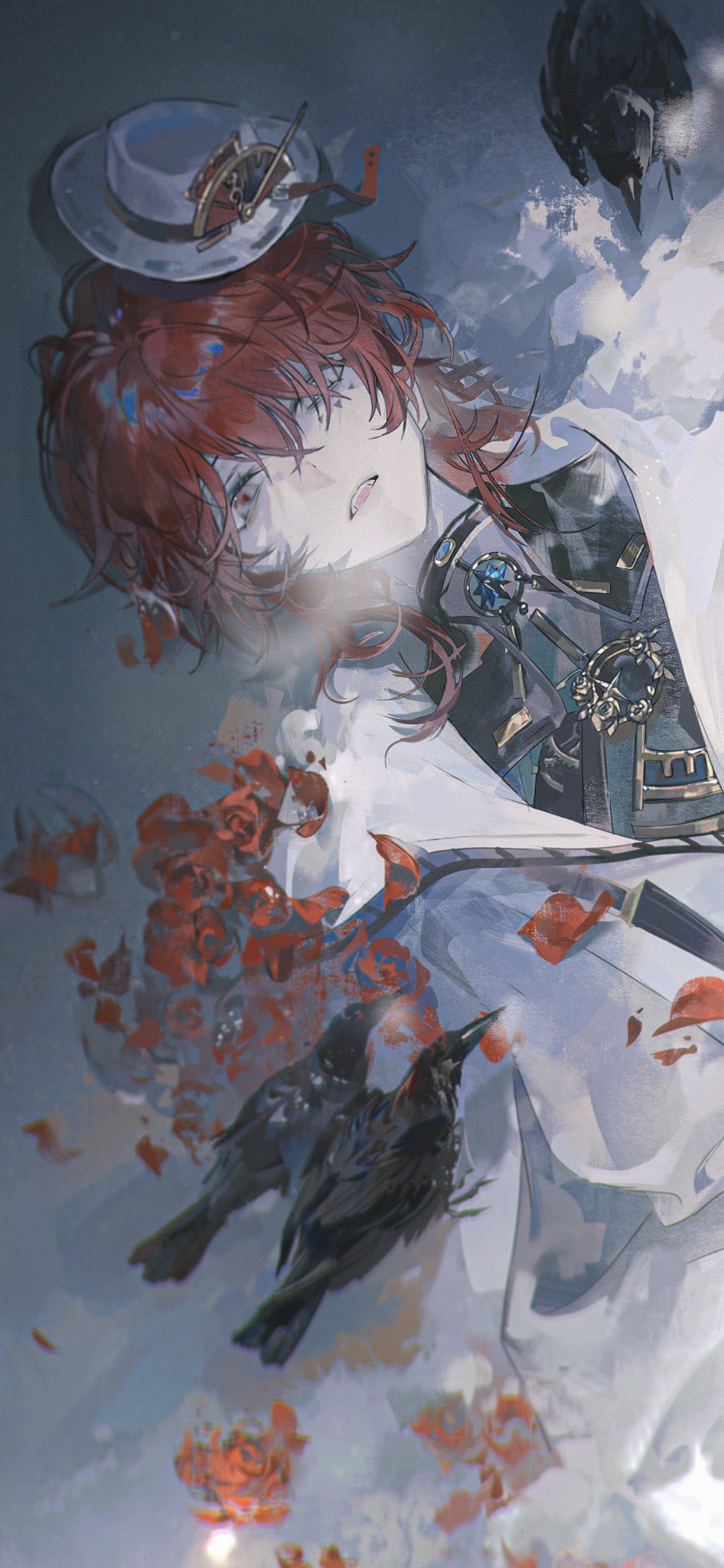 1boy aoseagrass bird blurry blurry_background cold crow flower hair_between_eyes hair_over_one_eye hat highres looking_at_viewer lying medium_hair on_back open_mouth original petals red_eyes red_flower red_petals red_rose redhead rose rose_petals solo suit upper_body white_suit