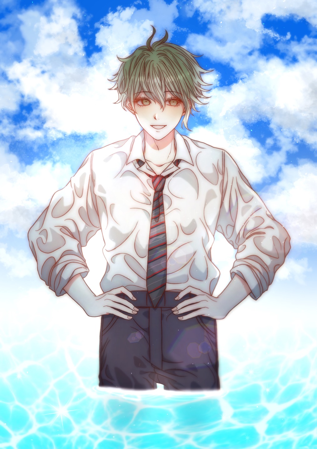 1boy alternate_costume amami_rantaro black_pants blue_sky clouds collarbone danganronpa_(series) danganronpa_v3:_killing_harmony day green_hair han_(hd_d26) hands_on_own_hips highres long_sleeves male_focus necktie outdoors pants shirt shirt_tucked_in short_hair sky smile solo striped_necktie wading wet wet_clothes wet_shirt