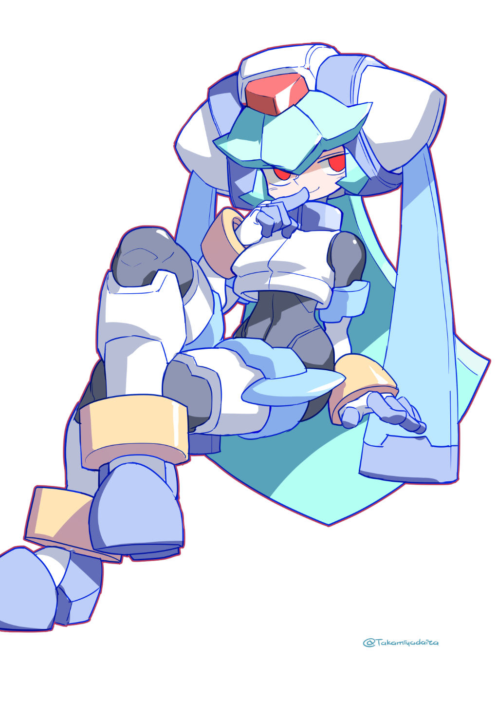 1girl android armor blue_hair closed_mouth crossed_legs finger_to_mouth full_body highres huanxiang_huifeng invisible_chair long_hair looking_to_the_side mega_man_(series) mega_man_zx pandora_(mega_man) pandora_(rockman) red_eyes robot simple_background sitting smile solo twintails very_long_hair white_background
