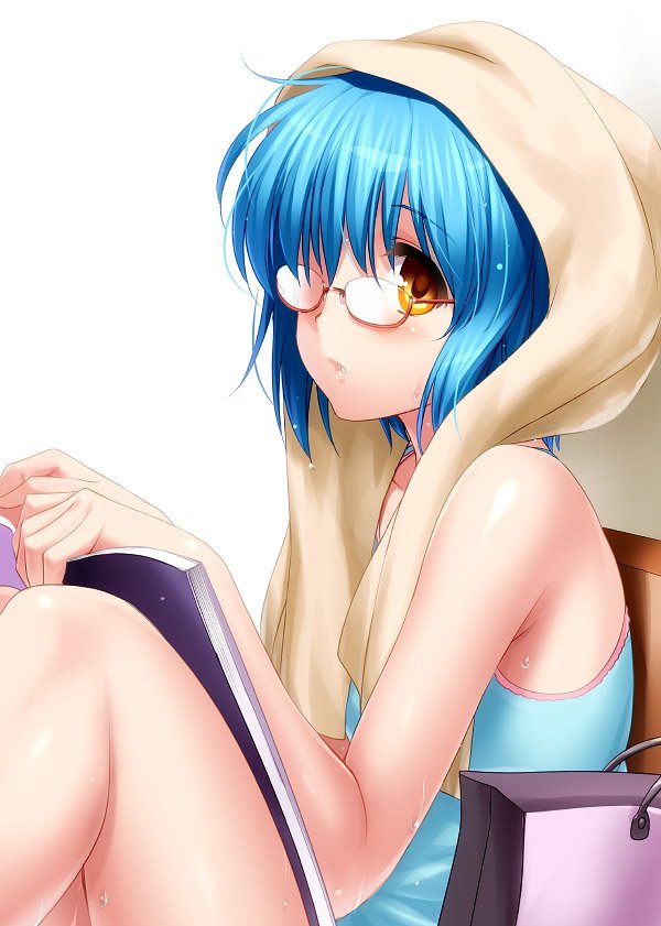 1girl after_bathing bare_arms bare_shoulders blue_camisole blue_hair book camisole casual commentary_request eyelashes from_side glasses holding holding_book knees_up light_blush lips little_busters! looking_at_viewer nishizono_mio open_book parted_lips red-framed_eyewear semi-rimless_eyewear short_hair simple_background sitting solo towel towel_on_head wet wet_hair white_background yellow_eyes zen_(kamuro)