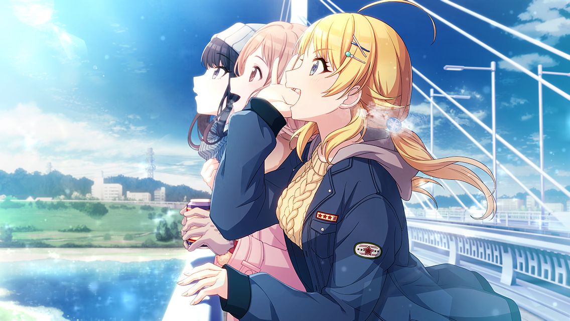 3girls :d :o against_railing ahoge beanie black_hair blonde_hair blue_eyes blue_jacket blue_sky blush breath bridge brown_eyes brown_gloves clouds coat day from_side game_cg gloves grey_scarf hachimiya_meguru hair_flaps hair_ornament hairclip hand_on_own_face hat idolmaster idolmaster_shiny_colors illumination_stars_(idolmaster) jacket kazano_hiori lake landscape light_brown_hair light_particles long_hair looking_afar low_twintails multiple_girls official_art outdoors parted_lips patch pink_coat pom_pom_(clothes) railing sakuragi_mano scarf sidelocks sky smile snowflake_hair_ornament sweater twintails upper_body violet_eyes water white_headwear x_hair_ornament yellow_sweater