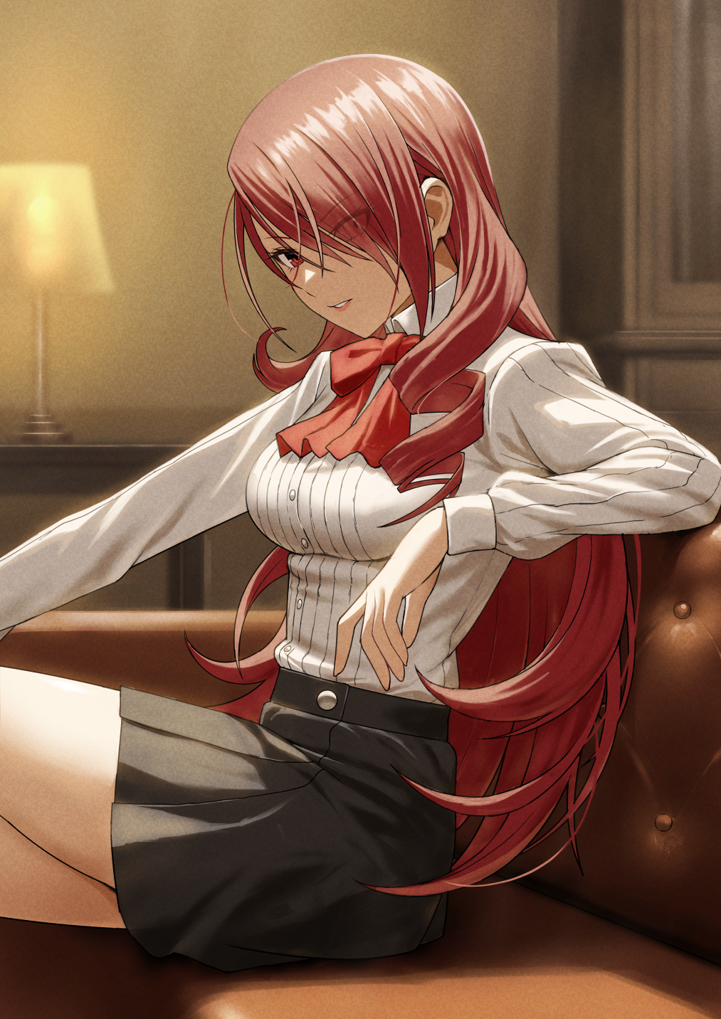 1girl black_skirt bow bowtie breasts buttons commentary_request couch drill_hair fagi_(kakikaki) gekkoukan_high_school_uniform hair_over_one_eye highres indoors kirijou_mitsuru lips long_hair long_sleeves looking_at_viewer medium_breasts on_couch parted_lips persona persona_3 pink_lips red_bow red_bowtie red_eyes redhead school_uniform shirt sitting skirt solo uniform very_long_hair white_shirt