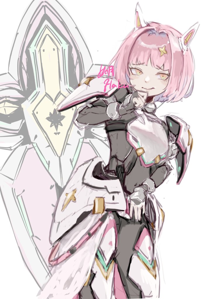 1girl armor armored_bodysuit armored_boots armored_gloves artist_name black_bodysuit bodysuit boots breastplate closed_mouth crybaby_89 floating floating_object goddess_of_victory:_nikke hair_intakes headgear hip_armor leg_armor noah_(nikke) pink_eyes pink_hair shield short_hair shoulder_armor simple_background sketch solo sparkle_hair_ornament white_background