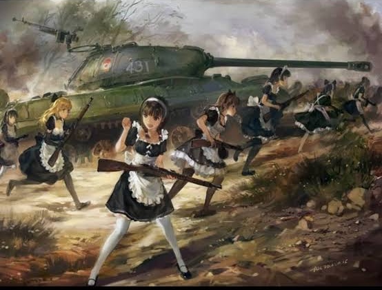 bolt_action maid_uniform multiple_girls original rifle tank