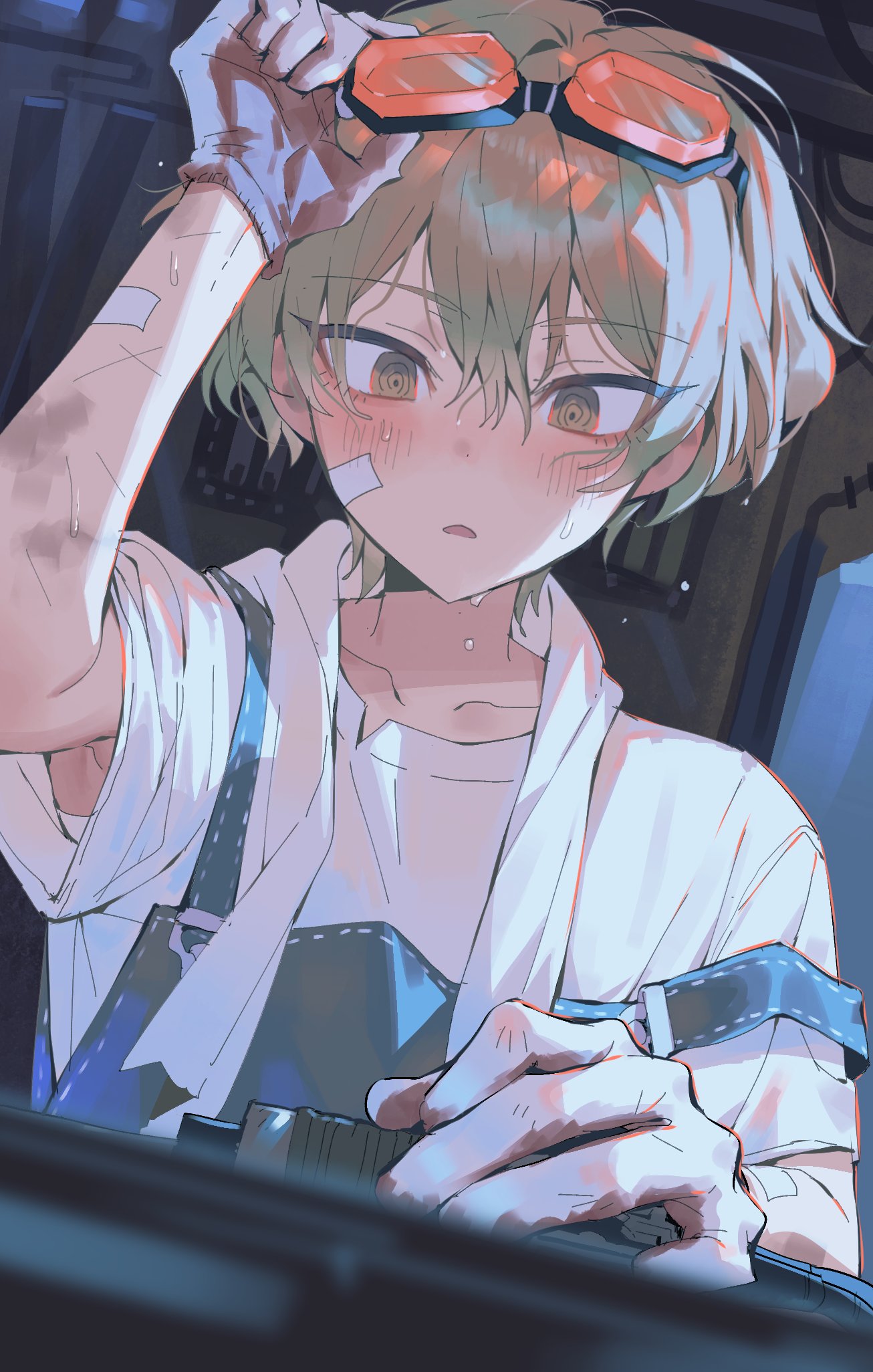 1boy bandaid bandaid_on_face blonde_hair blush devy_lobotomy gloves goggles goggles_on_head hand_up highres korean_commentary lobotomy_corporation male_focus project_moon shirt short_hair sinclair_(limbus_company) solo sweat white_shirt yellow_eyes