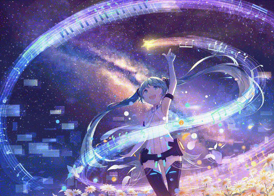 1girl animated animated_gif beamed_eighth_notes beamed_sixteenth_notes black_thighhighs blue_eyes hatsune_miku miku_append musical_note non-web_source sky staff_(music) star_(sky) starry_sky thigh-highs treble_clef twintails vocaloid vocaloid_append yue_yue