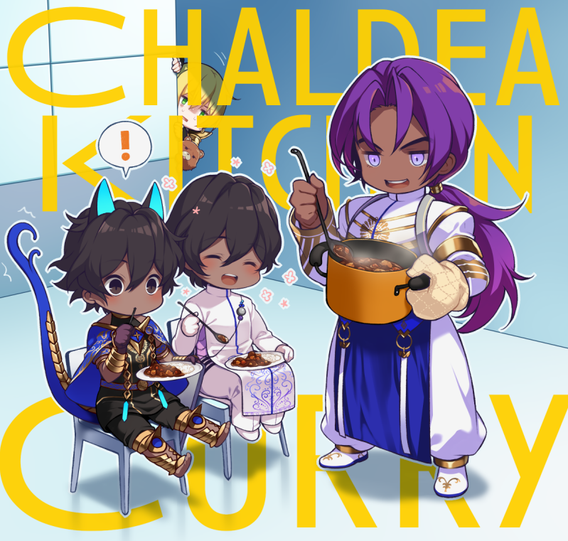 ! 4boys animal_ear_fluff arjuna_(fate) arjuna_alter_(fate) armor bear bhima_(fate) black_hair blonde_hair blush chair chibi closed_eyes cooking_pot curry dark-skinned_male dark_skin deformed english_text fate/grand_order fate_(series) food holding honda_tamanosuke jason_(fate) ladle long_hair male_focus multiple_boys open_mouth orion_(bear)_(fate) oven_mitts ponytail purple_hair simple_background sitting spoken_exclamation_mark standing tail violet_eyes