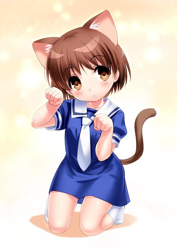 1girl animal_ear_fluff animal_ears blue_dress blush brown_eyes brown_hair brown_tail cat_ears cat_girl cat_tail clannad commentary_request dress eyes_visible_through_hair female_child full_body hair_between_eyes hands_up head_tilt kneeling looking_at_viewer necktie no_shoes okazaki_ushio one-hour_drawing_challenge parted_lips paw_pose puffy_short_sleeves puffy_sleeves sailor_collar school_uniform short_dress short_hair short_sleeves simple_background socks solo straight-on tail white_necktie white_sailor_collar white_socks yellow_background zen_(kamuro)