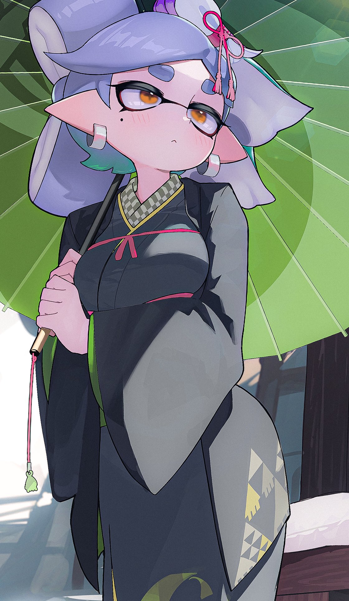 1girl black_haori black_kimono blush breasts closed_mouth commentary_request cowboy_shot cross-shaped_pupils earrings from_below grey_hair hair_ornament haori highres holding holding_umbrella hoop_earrings japanese_clothes jewelry kanzashi kashu_(hizake) kimono marie_(splatoon) mole mole_under_eye nihongami oil-paper_umbrella pointy_ears slit_pupils small_breasts solo splatoon_(series) splatoon_1 symbol-shaped_pupils tassel tassel_hair_ornament tentacle_hair thick_eyebrows umbrella uroko_(pattern) wide_sleeves yellow_eyes
