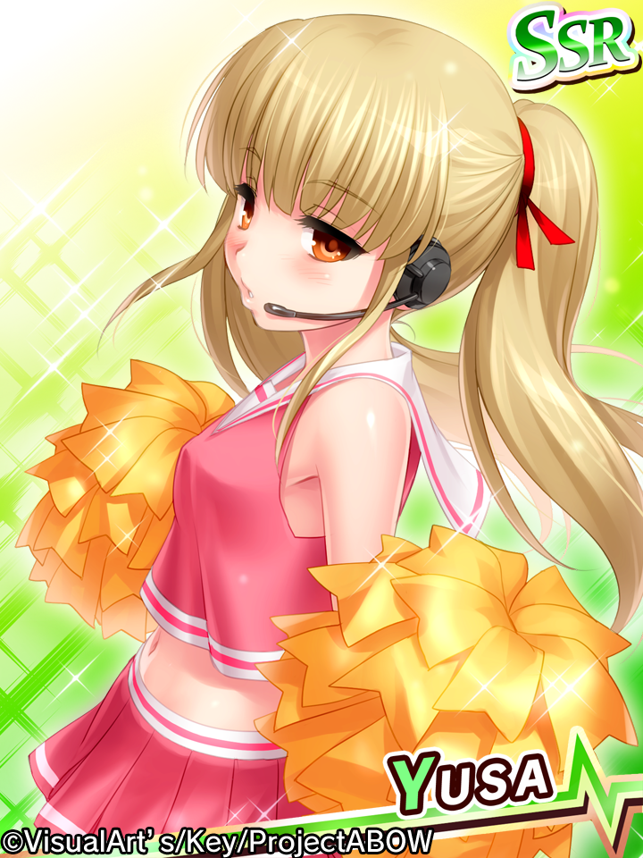 1girl alternate_costume angel_beats! blonde_hair blunt_bangs blush character_name cheerleader commentary_request company_name cowboy_shot cropped_shirt earpiece expressionless eyelashes from_side green_background hair_ribbon lips long_hair long_sleeves looking_at_viewer miniskirt navel orange_eyes parted_lips pink_skirt pleated_skirt pom_pom_(cheerleading) red_ribbon ribbon sailor_collar shirt simple_background skirt sleeveless sleeveless_shirt solo sparkle standing straight_hair twintails white_sailor_collar yusa_(angel_beats!) zen_(kamuro)
