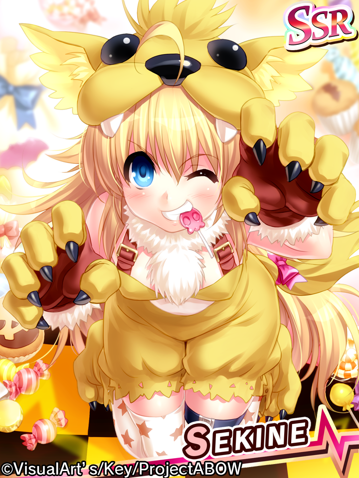 1girl ahoge alternate_costume angel_beats! animal_costume animal_hands bare_shoulders black_thighhighs blonde_hair blue_eyes blush bow candy character_name checkered_floor commentary_request company_name eyelashes eyes_visible_through_hair food food_in_mouth foreshortening full_body fur-trimmed_gloves fur_trim gloves grin hair_between_eyes hands_up kneeling knees_together_feet_apart leaning_forward lion_costume lips lollipop long_hair looking_at_viewer one_eye_closed paw_gloves paw_shoes pink_bow sekine_shiori shiny_skin smile solo spiky_hair star_(symbol) star_print straight-on suspenders thigh-highs tiptoes v-shaped_eyebrows very_long_hair white_fur white_thighhighs zen_(kamuro) zettai_ryouiki