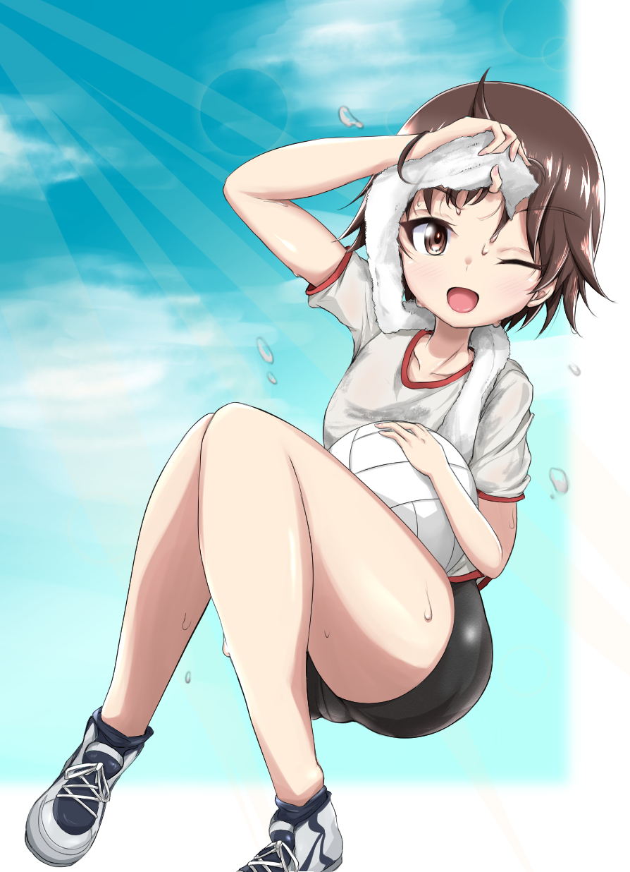 1girl ;d arm_up ball bike_shorts black_shorts blue_sky brown_eyes brown_hair clouds cloudy_sky commentary cross-laced_footwear floating girls_und_panzer gym_shirt gym_uniform highres holding holding_ball holding_towel isobe_noriko knees_up looking_at_viewer naopon918 no_socks one_eye_closed open_mouth outside_border shirt shoes short_hair short_shorts short_sleeves shorts sky smile sneakers solo sweat t-shirt towel towel_around_neck volleyball water_drop white_footwear white_shirt wiping_sweat