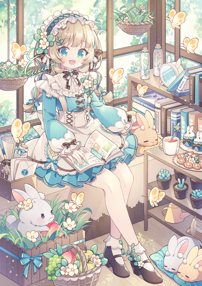 1girl :d apron black_footwear black_ribbon blue_dress blue_eyes blunt_bangs blush book bookshelf cup day dress drink frilled_apron frills hanging_plant high_heels holding holding_book hyou_(pixiv3677917) indoors light_brown_hair long_hair long_sleeves maid maid_headdress neck_ribbon open_book open_mouth original plant pleated_dress potted_plant puffy_long_sleeves puffy_sleeves rabbit raised_eyebrows ribbon sidelocks sitting smile solo straight_hair table white_apron wicker_basket window wooden_floor