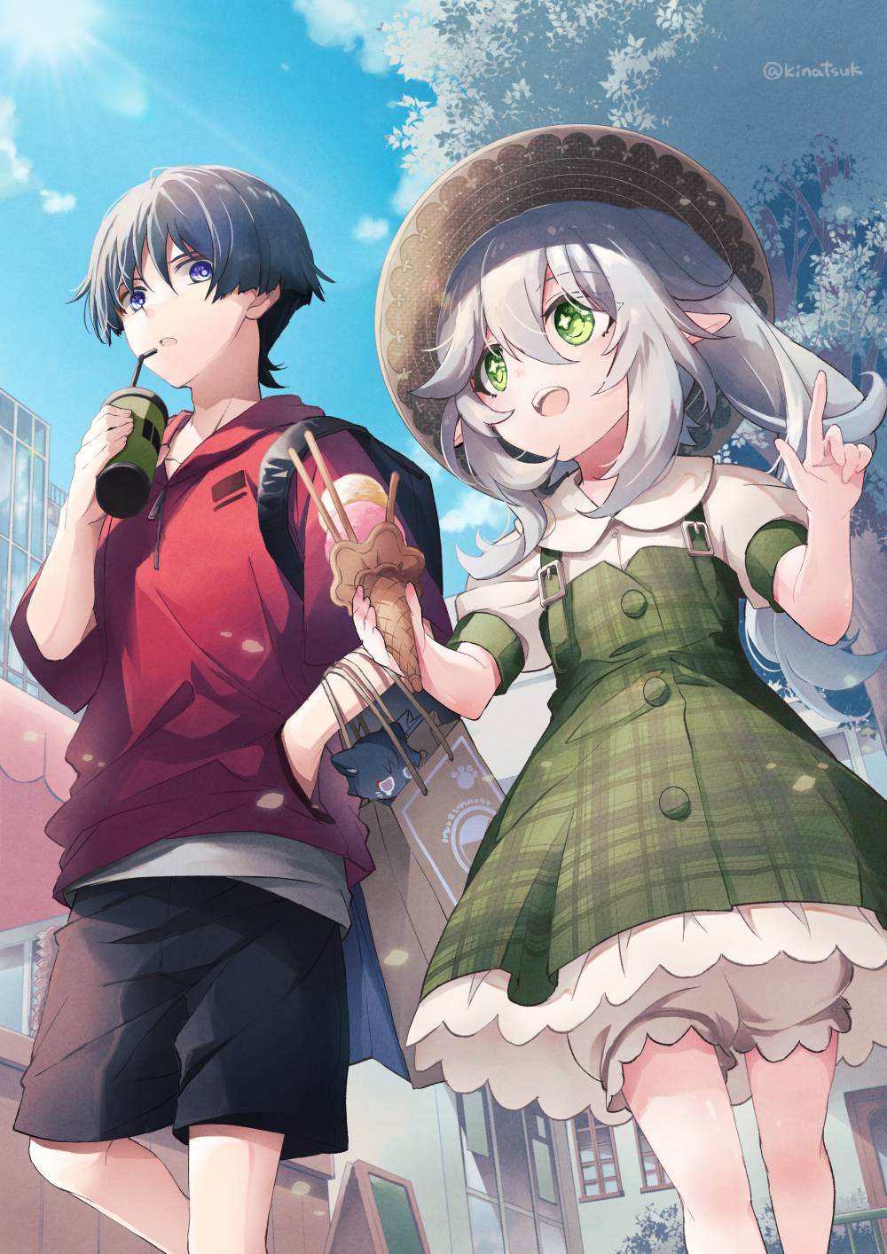 +_+ 1boy 1girl :d backpack bag black_hair black_shorts bloomers blue_eyes blue_sky building buttons clouds collared_shirt day drink drinking_straw dutch_angle food from_below genshin_impact green_eyes green_skirt hair_between_eyes hand_in_pocket high-waist_skirt highres holding holding_drink holding_food holding_ice_cream ice_cream lens_flare long_hair looking_ahead looking_at_viewer nahida_(genshin_impact) open_mouth outdoors plaid plaid_skirt pointy_ears raised_eyebrows rare_(user_vxhu8375) red_shirt scaramouche_(genshin_impact) shirt short_hair short_sleeves shorts side-by-side sidelocks sign signature skirt sky smile suspender_skirt suspenders teeth tote_bag tree underwear upper_teeth_only white_bloomers white_hair white_shirt window