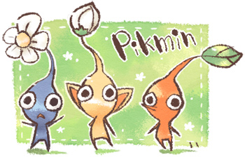 black_eyes blue_pikmin blue_skin bud colored_skin commentary_request copyright_name flower furutsuki_atora grass green_background hand_on_own_chin leaf lowres motion_lines nintendo no_humans no_mouth pikmin_(creature) pikmin_(series) pointy_ears pointy_nose red_pikmin red_skin triangle_mouth white_flower yellow_pikmin yellow_skin