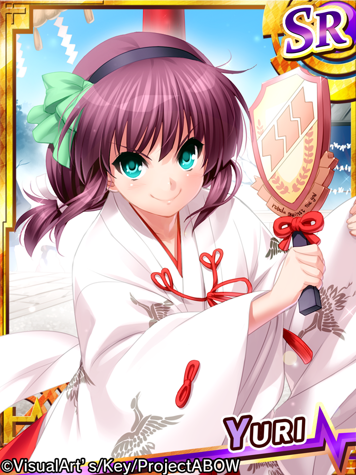 &gt;:) 1girl alternate_costume angel_beats! aqua_eyes black_hairband bow character_name closed_mouth commentary_request company_name day english_text eyelashes eyes_visible_through_hair floating_hair green_bow hair_between_eyes hairband hat hat_bow holding holding_racket japanese_clothes kimono light_blush long_sleeves looking_at_viewer medium_hair miko nakamura_yuri outdoors purple_hair racket red_tassel shrine smile smug solo straight-on upper_body v-shaped_eyebrows white_kimono wide_sleeves zen_(kamuro)