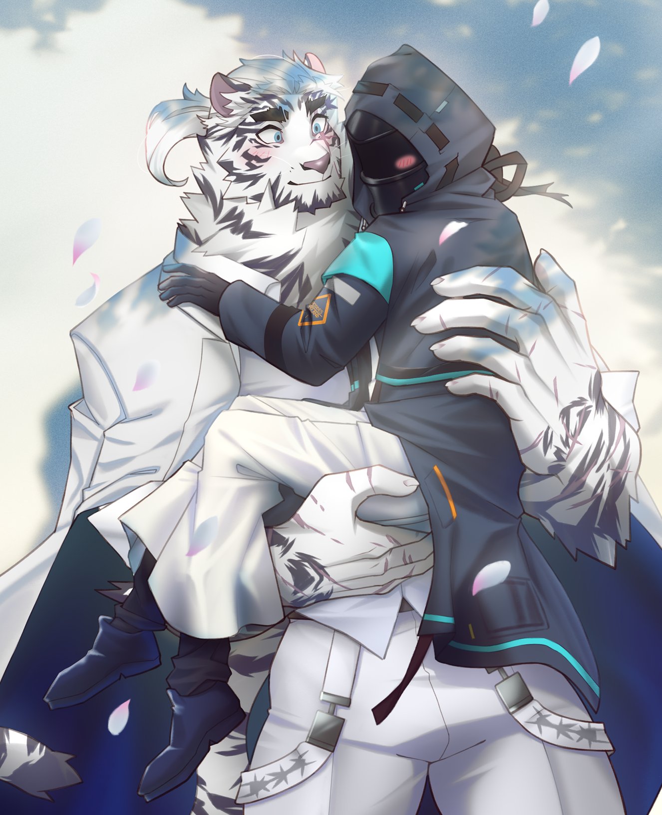 1boy 1other animal_ears arknights blush carrying couple doctor_(arknights) facial_hair feet_out_of_frame furry furry_male goatee happy high_ponytail highres large_hands male_focus mountain_(arknights) mountain_(book_reader)_(arknights) petals princess_carry scar scar_across_eye smile suit susabi_(susabi_3b) thick_eyebrows tiger_boy tiger_ears white_fur white_hair white_suit