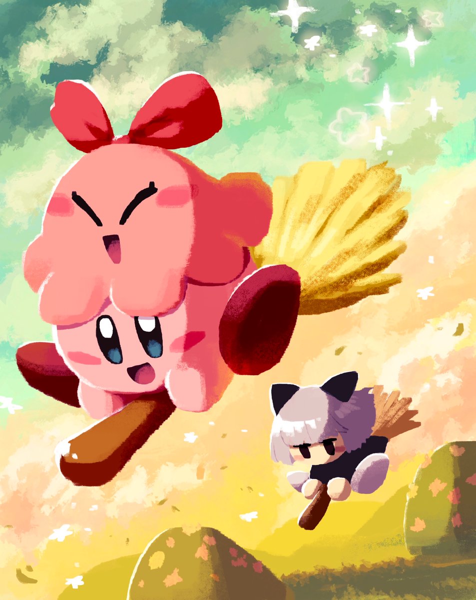 :d aruco_co black_dress black_eyes blue_eyes blunt_bangs blush blush_stickers bow broom broom_riding chuchu_(kirby) closed_eyes clouds cloudy_sky commentary dress gradient_sky grass grey_hair happy highres hill keke_(kirby) kirby kirby_(series) no_humans on_head open_mouth outdoors red_bow short_hair sky smile sparkle star_(symbol) sunset symbol-only_commentary twilight