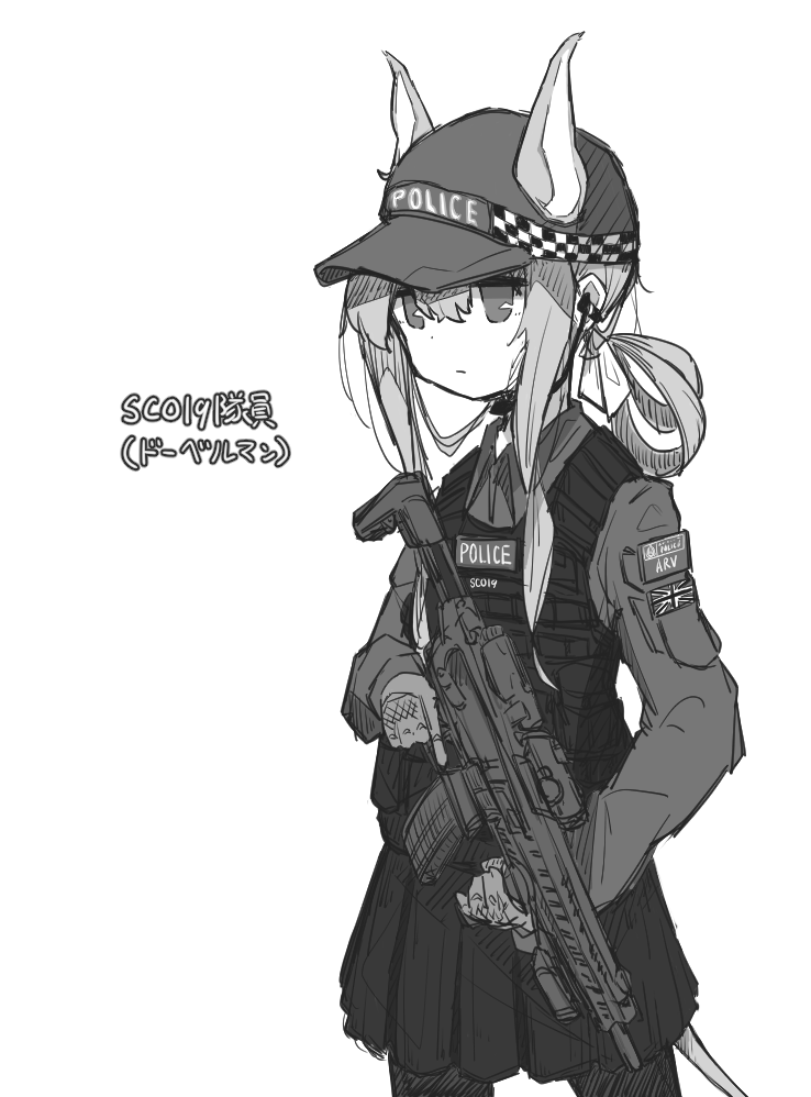 1girl animal_ears closed_mouth collared_shirt commentary_request cowboy_shot ears_through_headwear flat_cap greyscale gun hair_between_eyes hair_rings hat holding holding_gun holding_weapon kaya_(coocoo_kaya) long_hair long_sleeves monochrome original pantyhose pleated_skirt police police_uniform policewoman shirt simple_background skirt solo translation_request uniform weapon weapon_request white_background