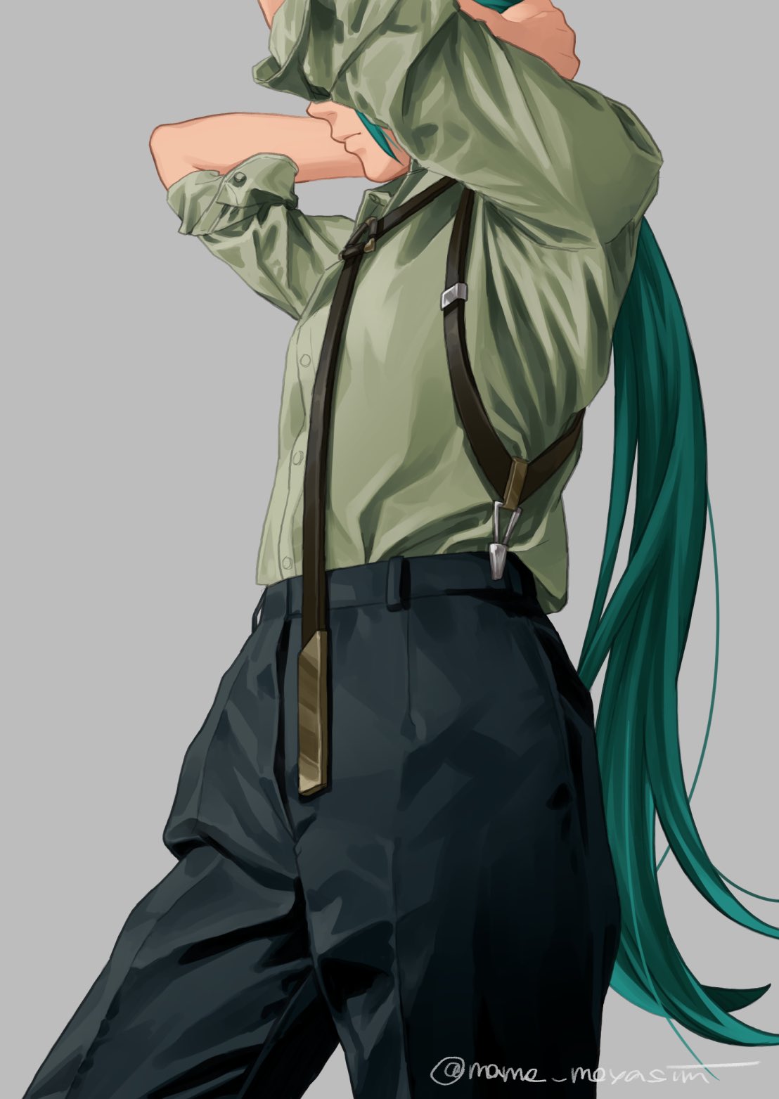 1girl black_necktie black_pants closed_mouth collared_shirt green_hair highres holding holding_hair long_hair mame_moyashi necktie pants pokemon pokemon_(game) pokemon_sv rika_(pokemon) shirt solo suspenders very_long_hair