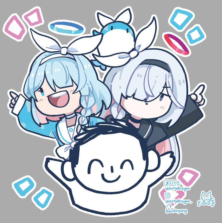 1boy 2girls arona's_sensei_doodle_(blue_archive) arona_(blue_archive) black_choker black_eyes black_hairband black_serafuku blue_archive blue_eyes blue_hair blue_halo bow_hairband choker colored_inner_hair cropped_torso deviantart_logo deviantart_username grey_background grey_hair hairband halo instagram_logo instagram_username light_blue_hair multicolored_hair multiple_girls neckerchief open_mouth parted_lips plana_(blue_archive) pointing pointing_up red_halo sailor_collar school_uniform sensei_(blue_archive) serafuku simple_background smile teeth twitter_logo twitter_username upper_teeth_only white_choker white_hairband white_neckerchief white_sailor_collar whitydragon