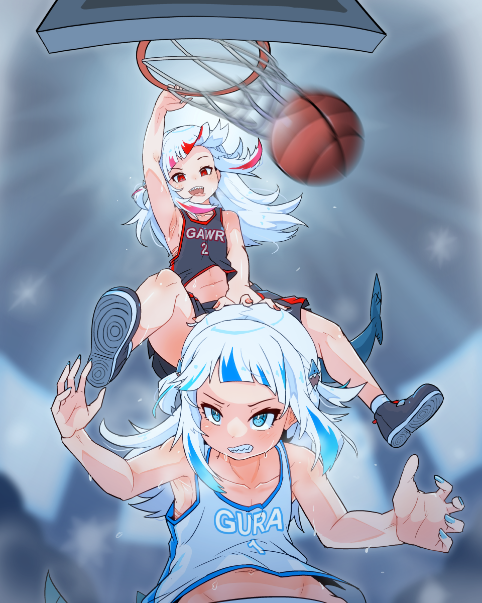 ball basketball basketball_(object) basketball_hoop basketball_uniform blue_eyes blue_hair blunt_bangs camera_flash dual_persona fins fish_tail gawr_gura grey_hair hair_ornament hand_on_another's_head highres hololive hololive_english moral_cacoethes multicolored_hair number_print open_mouth playing_sports red_eyes redhead shark_girl shark_tail sharp_teeth slam_dunk_(basketball) sportswear streaked_hair sweat tail teeth virtual_youtuber