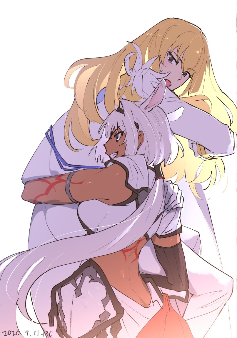 1boy 1girl animal_ears arm_around_waist armlet armor black_gloves black_hairband blonde_hair blue_eyes body_markings caenis_(fate) cape carrying carrying_person dated elbow_gloves extra_ears fate/grand_order fate_(series) feathers gloves grin hairband hand_on_another's_shoulder horse_ears jacket kirschtaria_wodime lifting_person long_hair looking_ahead looking_at_another looking_back looking_down open_mouth pants pauldrons ponytail ponytail_holder profile sabamori shoulder_armor simple_background single_glove smile suit sunlight surprised sweatdrop white_armor white_background white_cape white_feathers white_gloves white_hair white_jacket white_pants