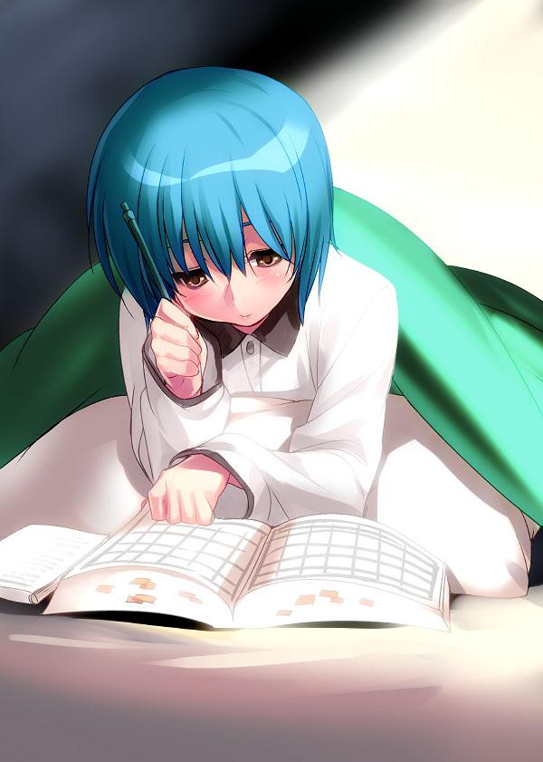 1girl blue_hair blush book casual closed_mouth eyebrows_hidden_by_hair hair_between_eyes hair_down hand_up holding holding_pen lips little_busters! long_sleeves lying nishizono_mio no_hairband on_stomach one-hour_drawing_challenge open_book pen reading shirt short_hair simple_background solo under_covers white_shirt yellow_eyes zen_(kamuro)