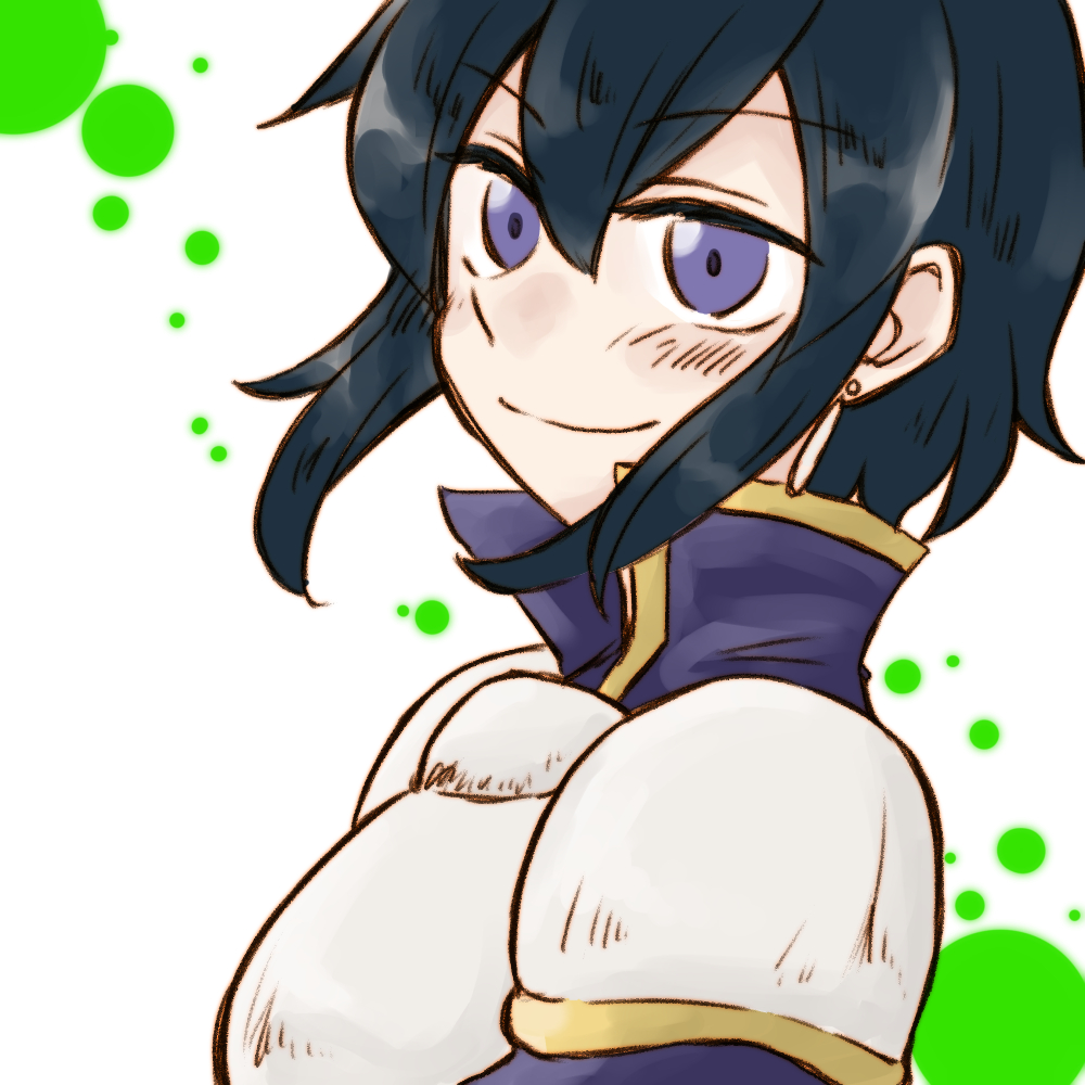 1girl armor black_hair blush breastplate collared_shirt earrings fire_emblem fire_emblem:_genealogy_of_the_holy_war fire_emblem_heroes jewelry larcei_(fire_emblem) looking_to_the_side mityo pauldrons purple_shirt shirt short_hair shoulder_armor simple_background smile solo tomboy violet_eyes white_armor