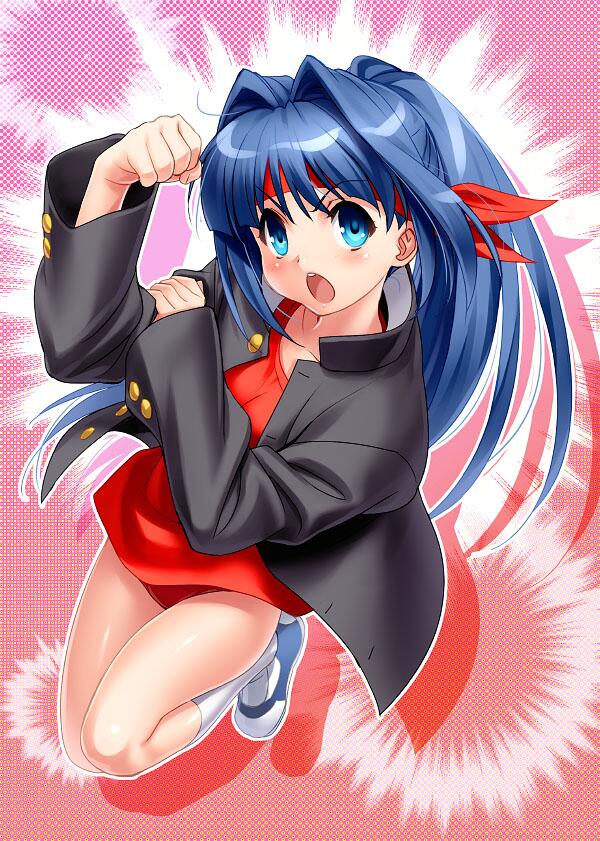 1girl alternate_hairstyle black_jacket blue_eyes blue_hair blush buruma clenched_hand commentary_request company_connection cosplay denim floating_hair full_body hair_between_eyes hair_intakes hand_on_own_arm headband inohara_masato inohara_masato_(cosplay) jacket kanon key_(company) legs_together little_busters! long_hair looking_at_viewer midair minase_nayuki open_clothes open_jacket open_mouth ponytail red_background red_buruma red_headband red_shirt shiny_skin shirt simple_background sleeves_past_wrists socks solo teeth thighs upper_teeth_only v-shaped_eyebrows very_long_hair white_socks wide_sleeves zen_(kamuro)
