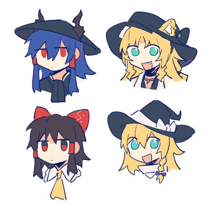 4girls animal_ears arknights black_headwear blue_hair bow braid ch'en_(arknights) ch'en_the_holungday_(arknights) ch'en_the_holungday_(ten_thousand_mountains)_(arknights) crossover dragon_girl dragon_horns ears_through_headwear fang hair_between_eyes hair_bow hair_tubes hakurei_reimu hat horns horns_through_headwear kirisame_marisa long_hair multiple_girls necktie official_alternate_costume open_mouth portrait purple_bow red_bow sidelocks simple_background swire_(arknights) swire_the_elegant_wit_(arknights) tiger_ears tiger_girl touhou trait_connection vento white_background witch_hat yellow_necktie
